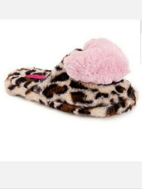 Betsy Johnson Cheetah Leopard Slippers with Pink Hearts